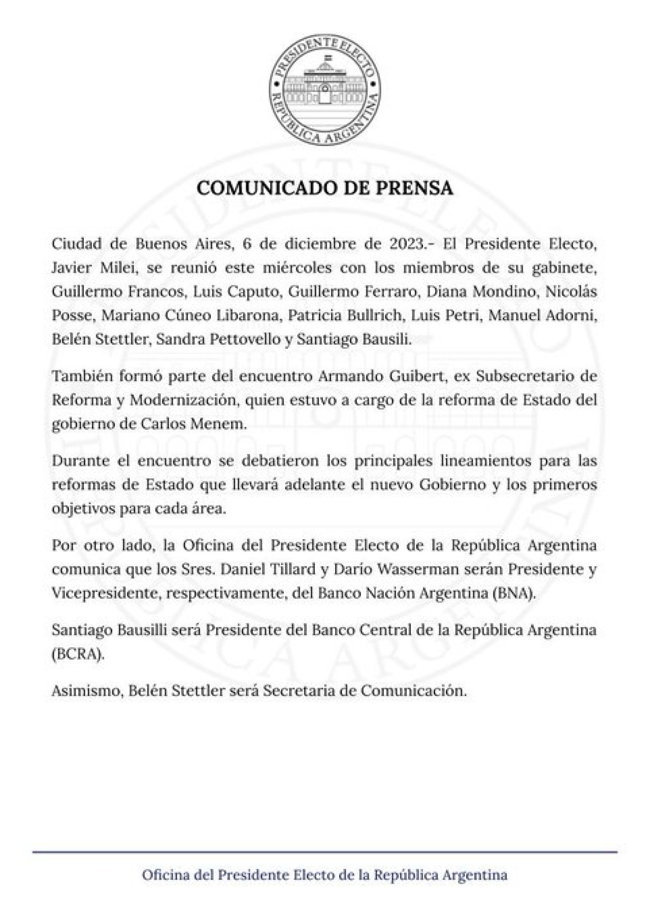 Comunicado de prensa sobre las nuevas designaciones en el gabinete de Javier Milei.