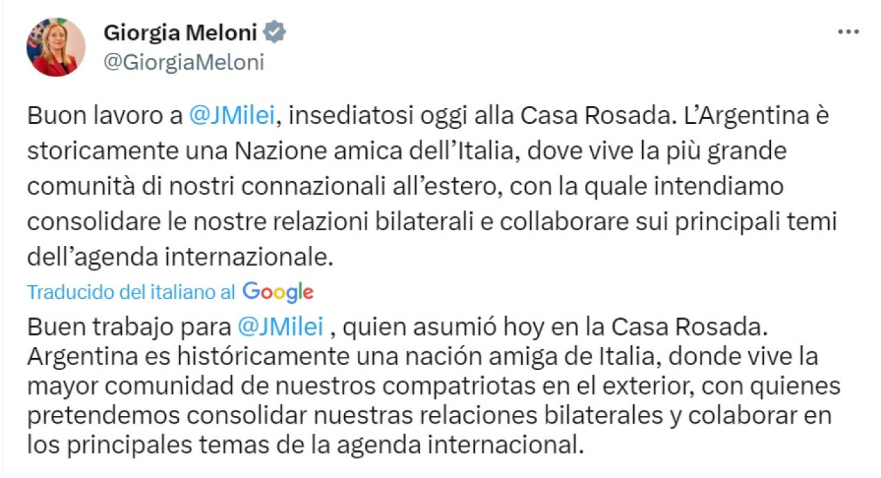 El mensaje de Meloni a Milei. Foto: captura de pantalla