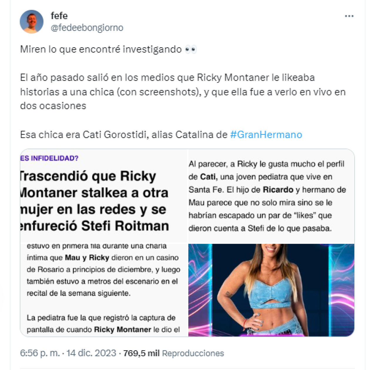 La publicación que recordó el escándalo que vinculó a Catalina de Gran Hermano con Ricky Montaner. Foto: captura Twitter.