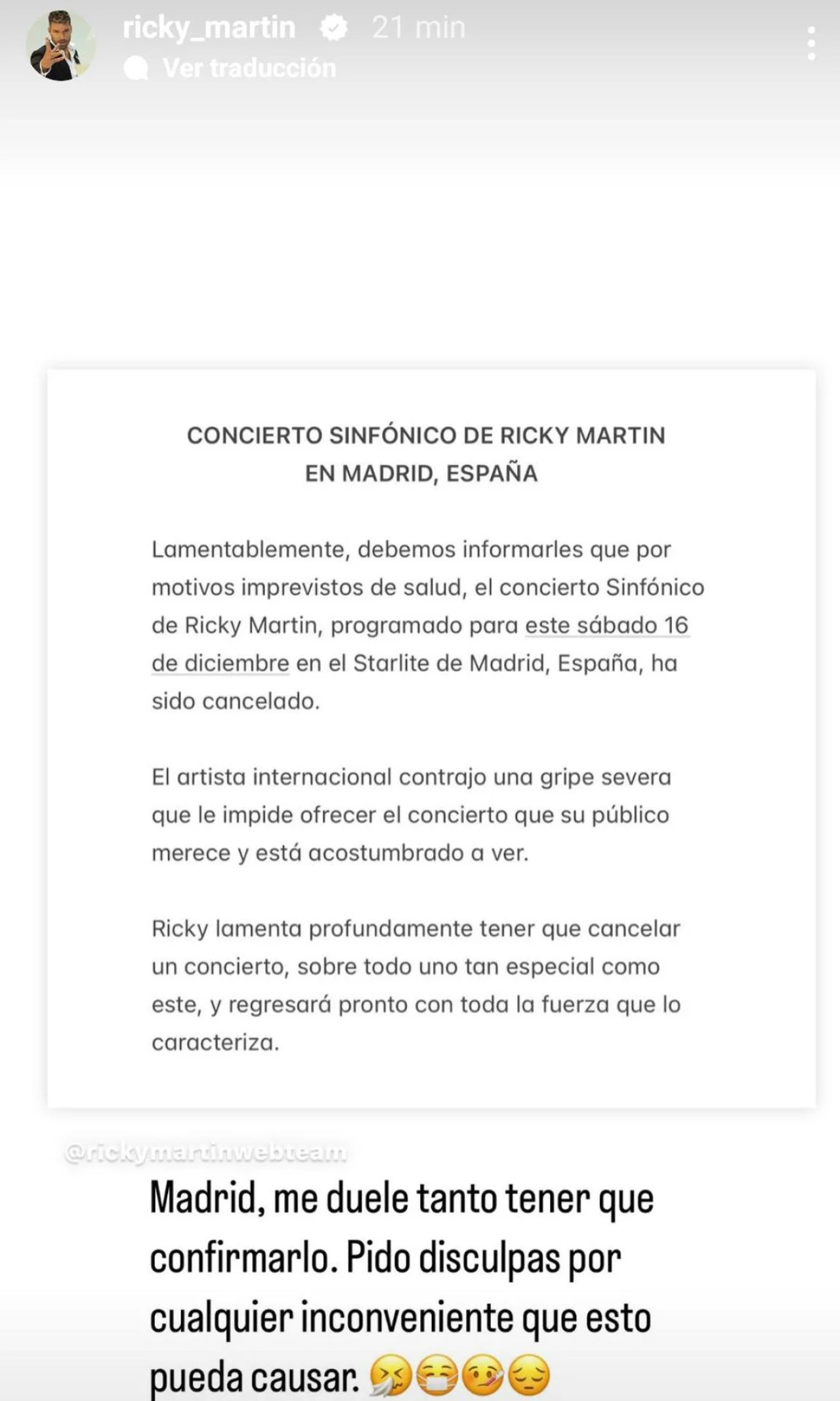 El mensaje que publicó Ricky Martin tras cancelar un show en Madrid. Foto: Instagram.