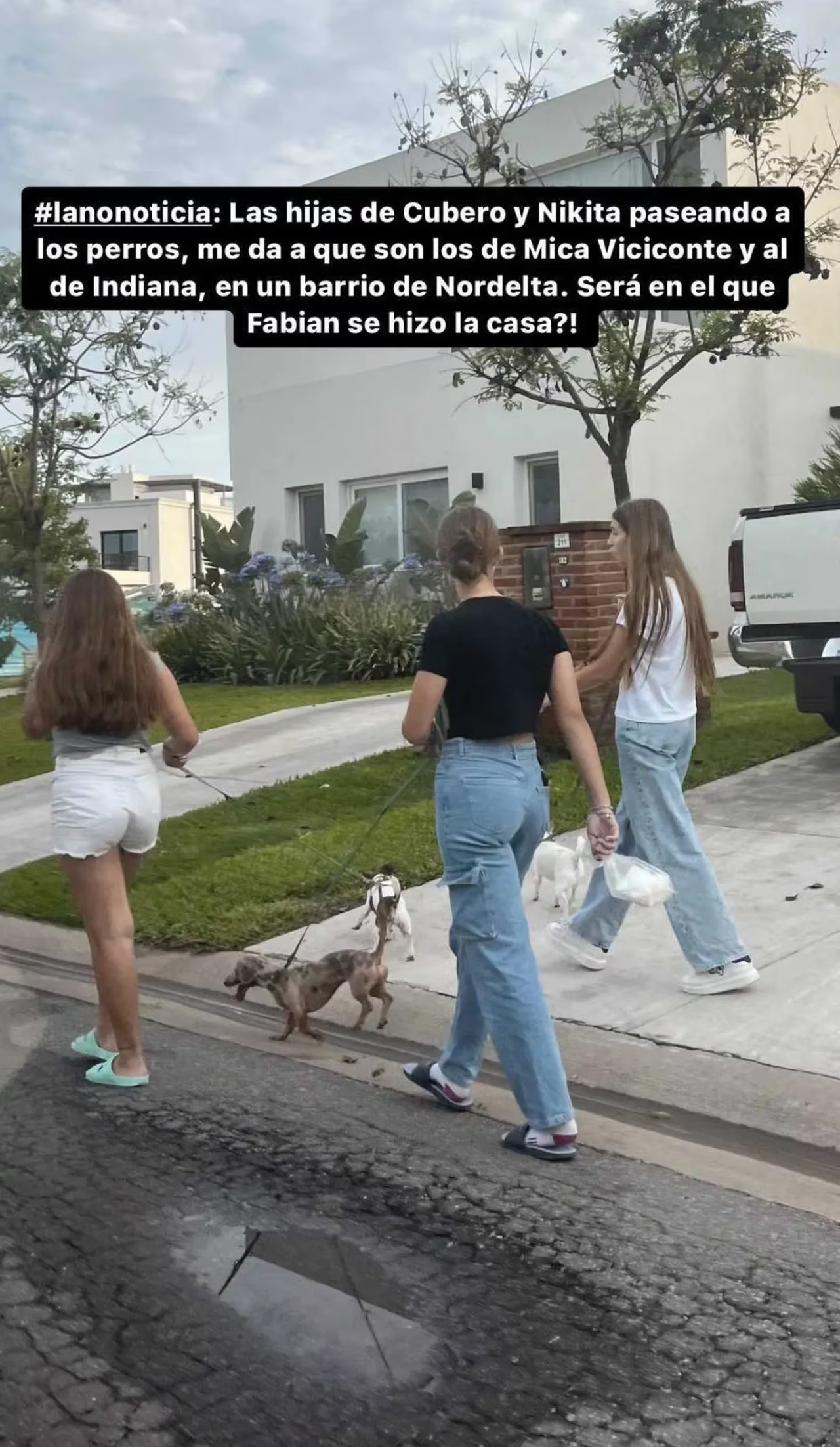 Las hijas de Nicole y Cubero paseando el perro. Foto: Instagram/gossipeame.