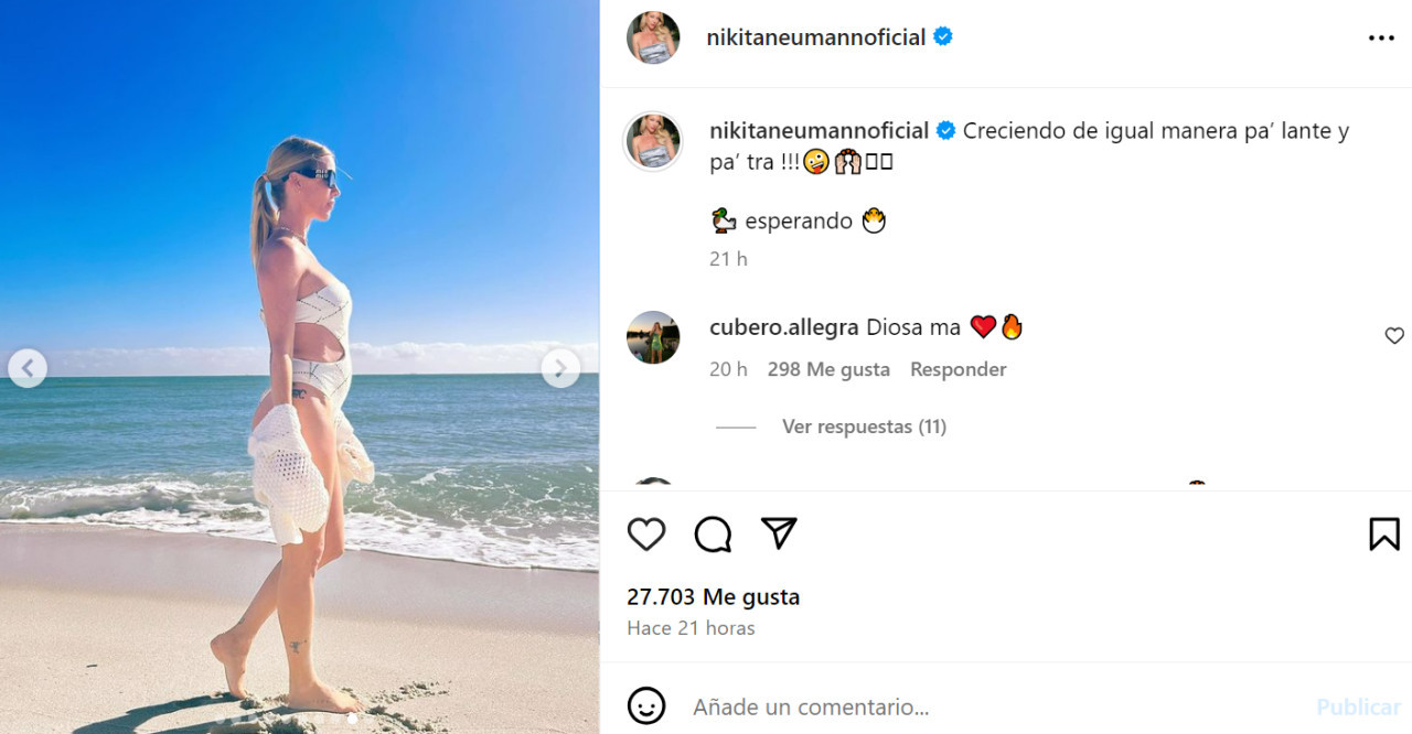 El posteo de Nicole Neumann mostrando su pancita. Foto: Instagram.