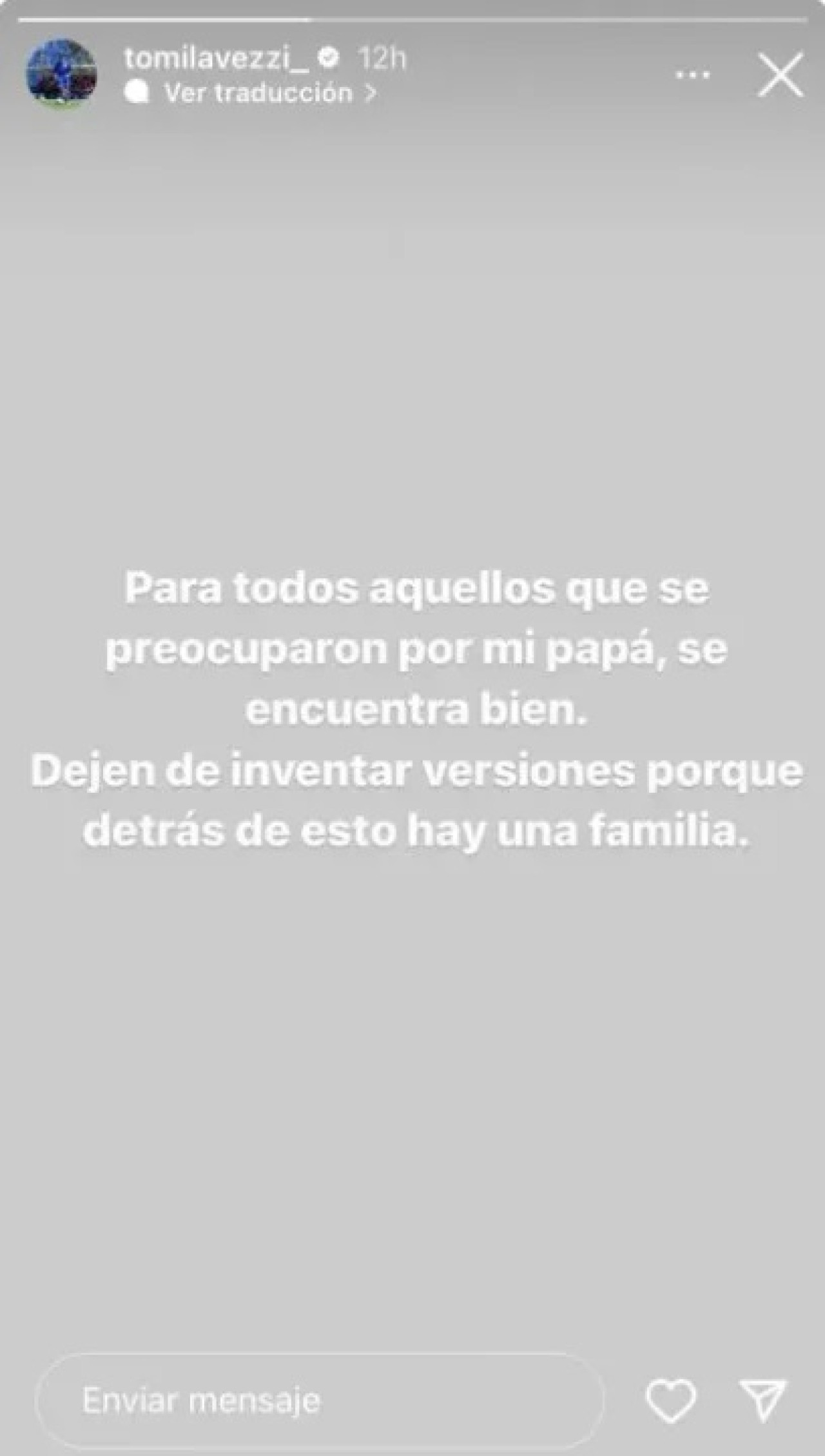El posteo del hijo de Ezequiel Lavezzi sobre el estado de salud de su padre. Foto: @tomilavezzi_