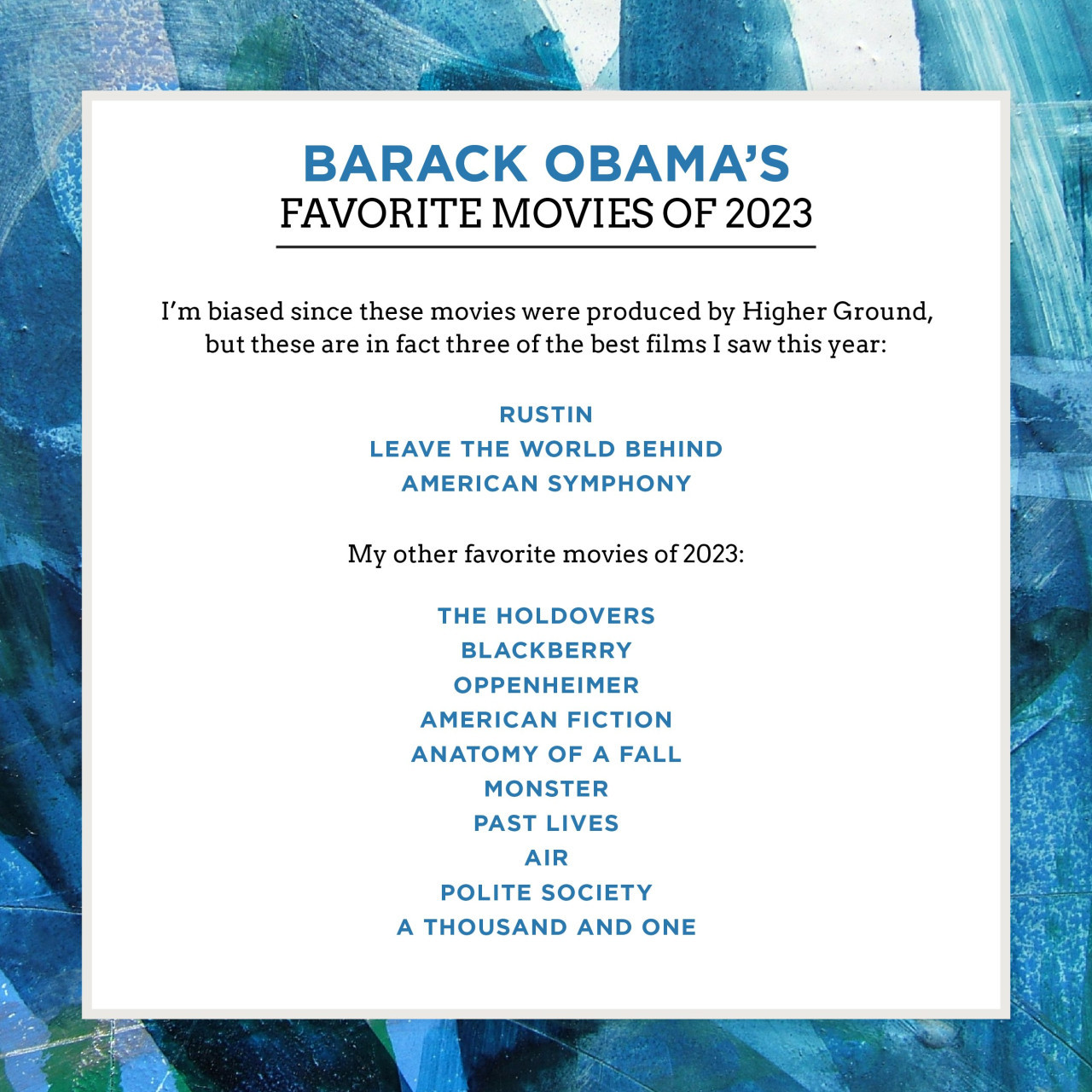 Lista de películas favoritas de Obama. Foto:@BarackObama