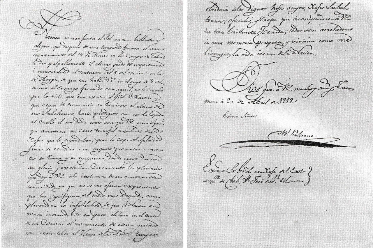 Carta de Belgrano a San Martín, felicitándolo por el triunfo en Maipú