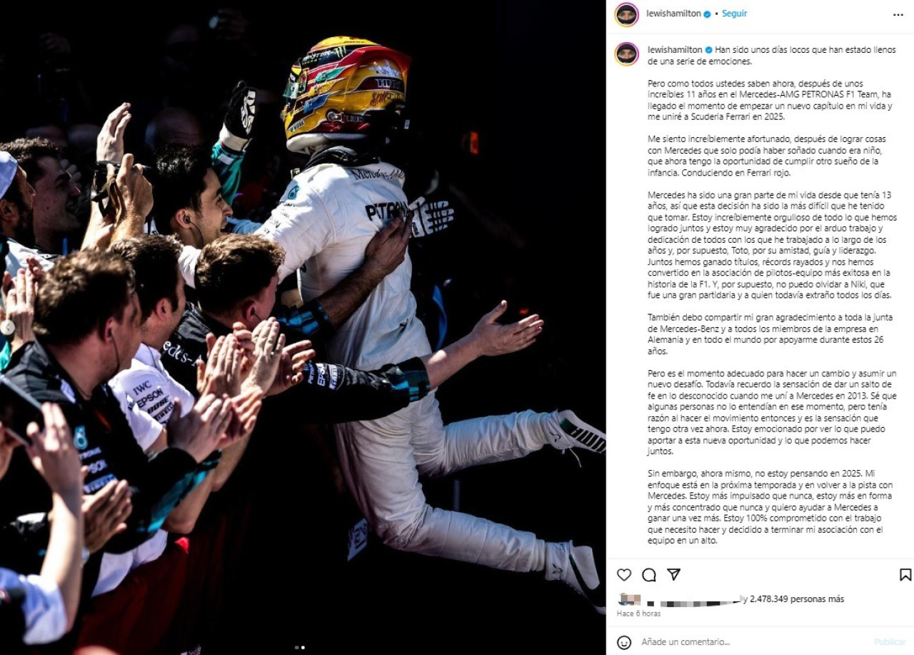 El posteo de Lewis Hamilton. Foto: Instagram @lewishamilton