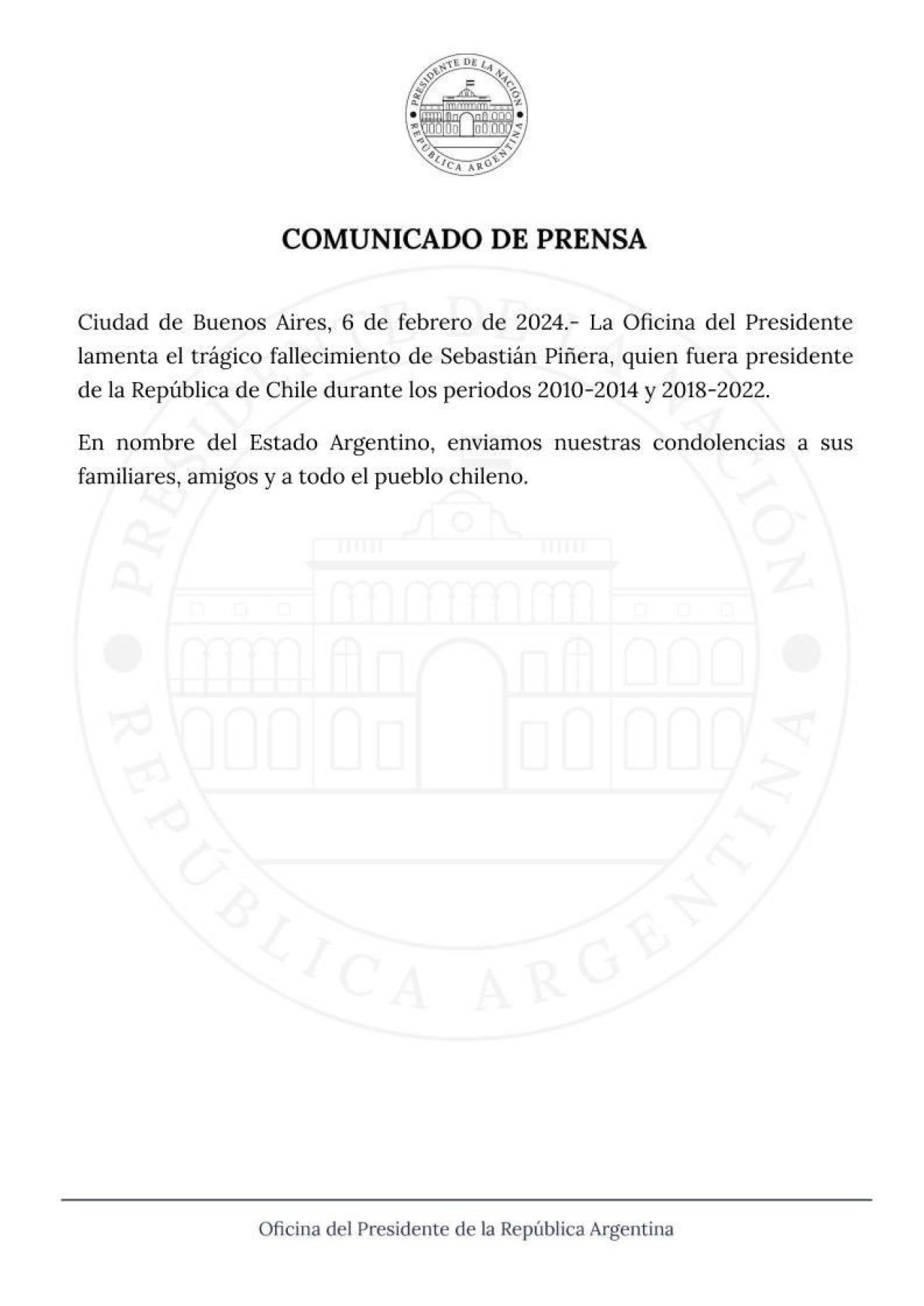 Comunicado del Gobierno por la muerte de Piñera