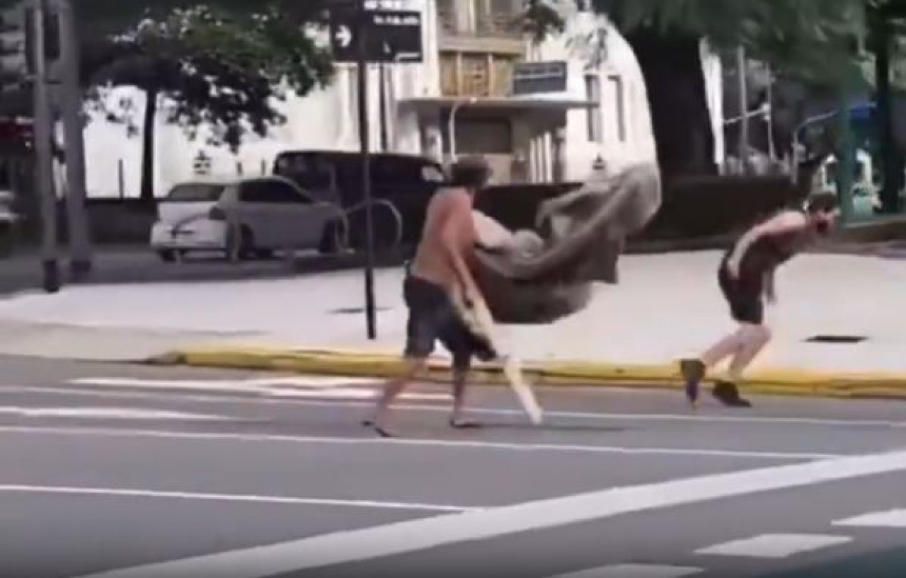 Batalla de "gladiadores" en la avenida 9 de Julio. Foto: captura de video.