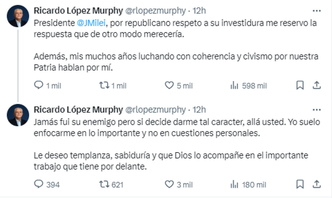 El mensaje de López Murphy en sus redes sociales. Foto: Captura.