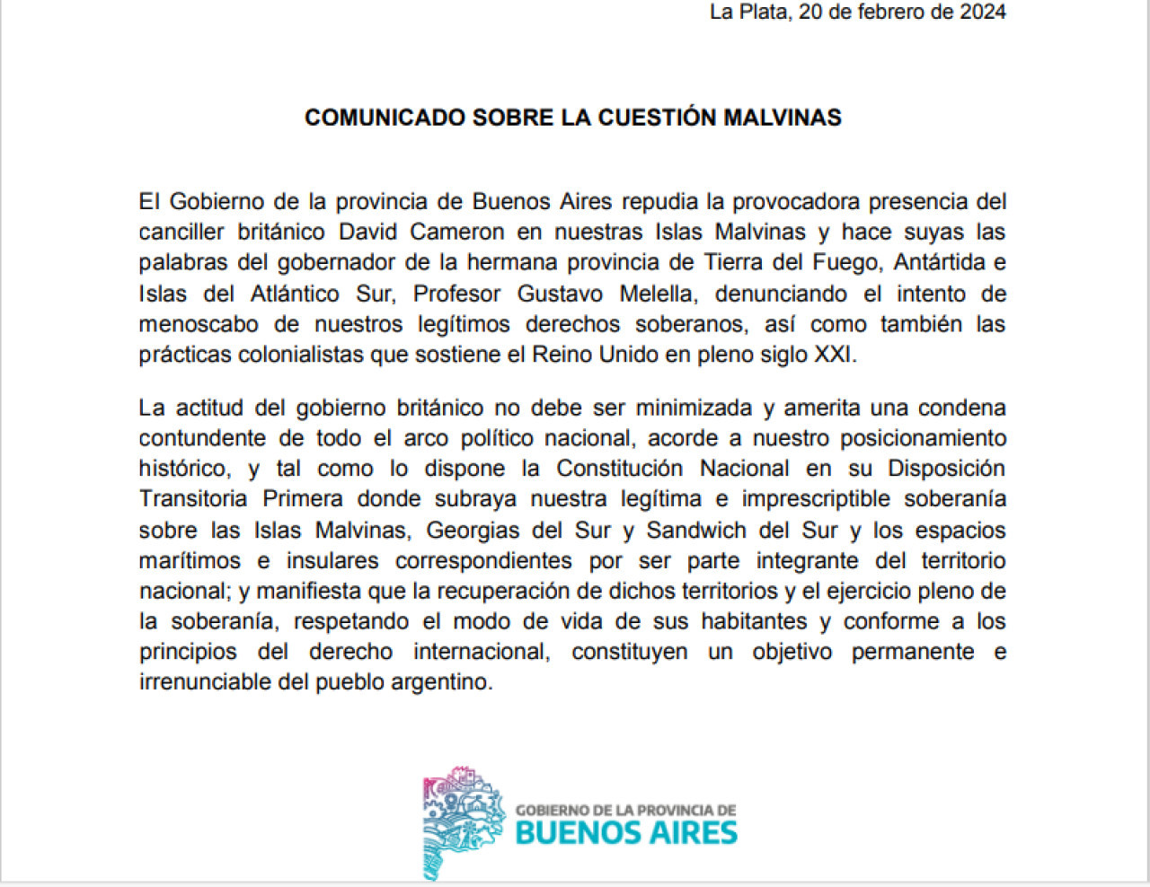 El comunicado de la Provincia de Buenos Aires en repudio a la vista de Cameron a las Islas Malvinas.