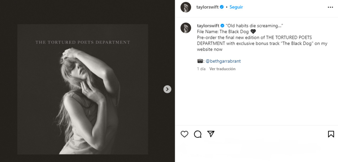 Taylor Swift compartió un fragmento de la letra de "The Black Dog" en sus redes sociales.