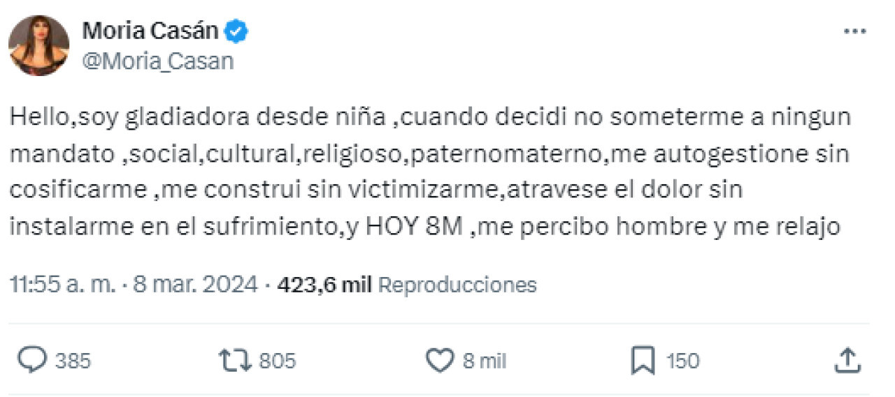 El polémico tweet de Moria Casán. Foto X.