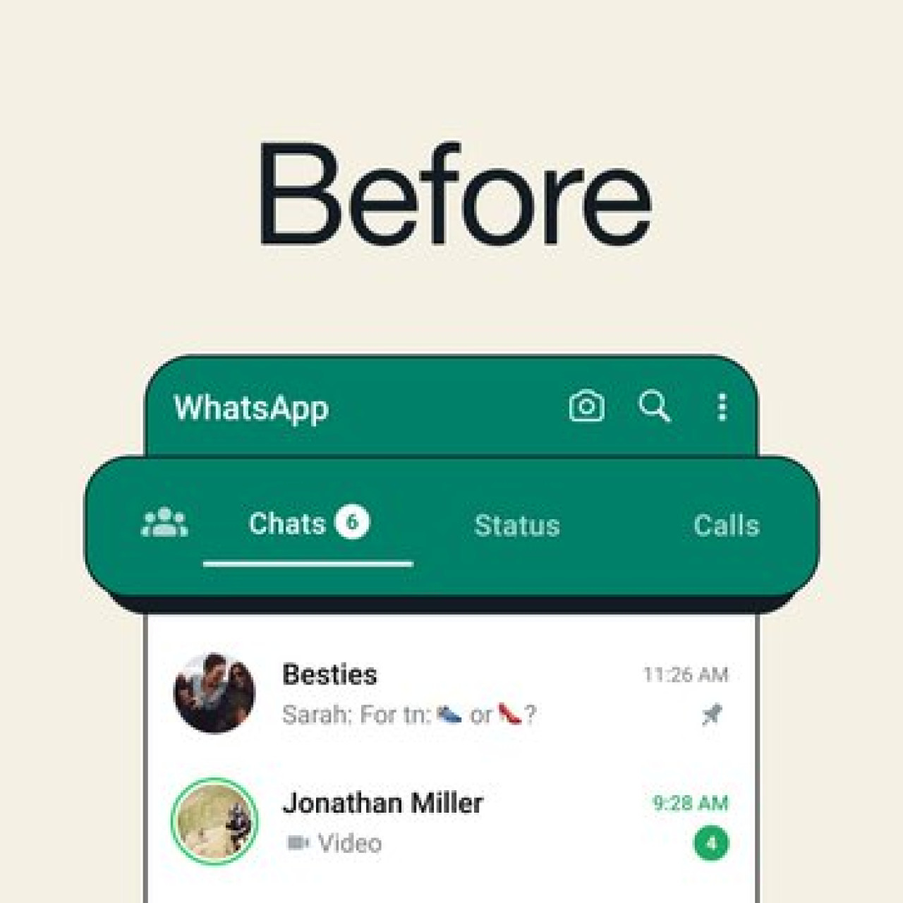 La antigua barra de navegación de WhatsApp. Foto: X/@WhatsApp.