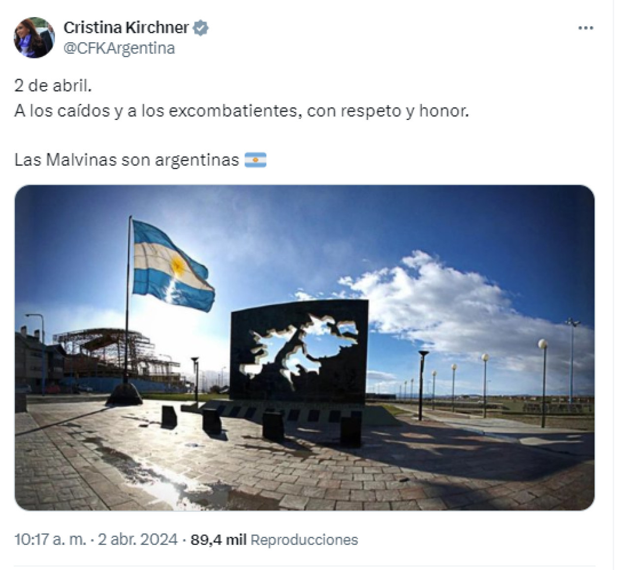 Es posteo de Cristina Kirchner por el 2 de abril. Foto: Captura.