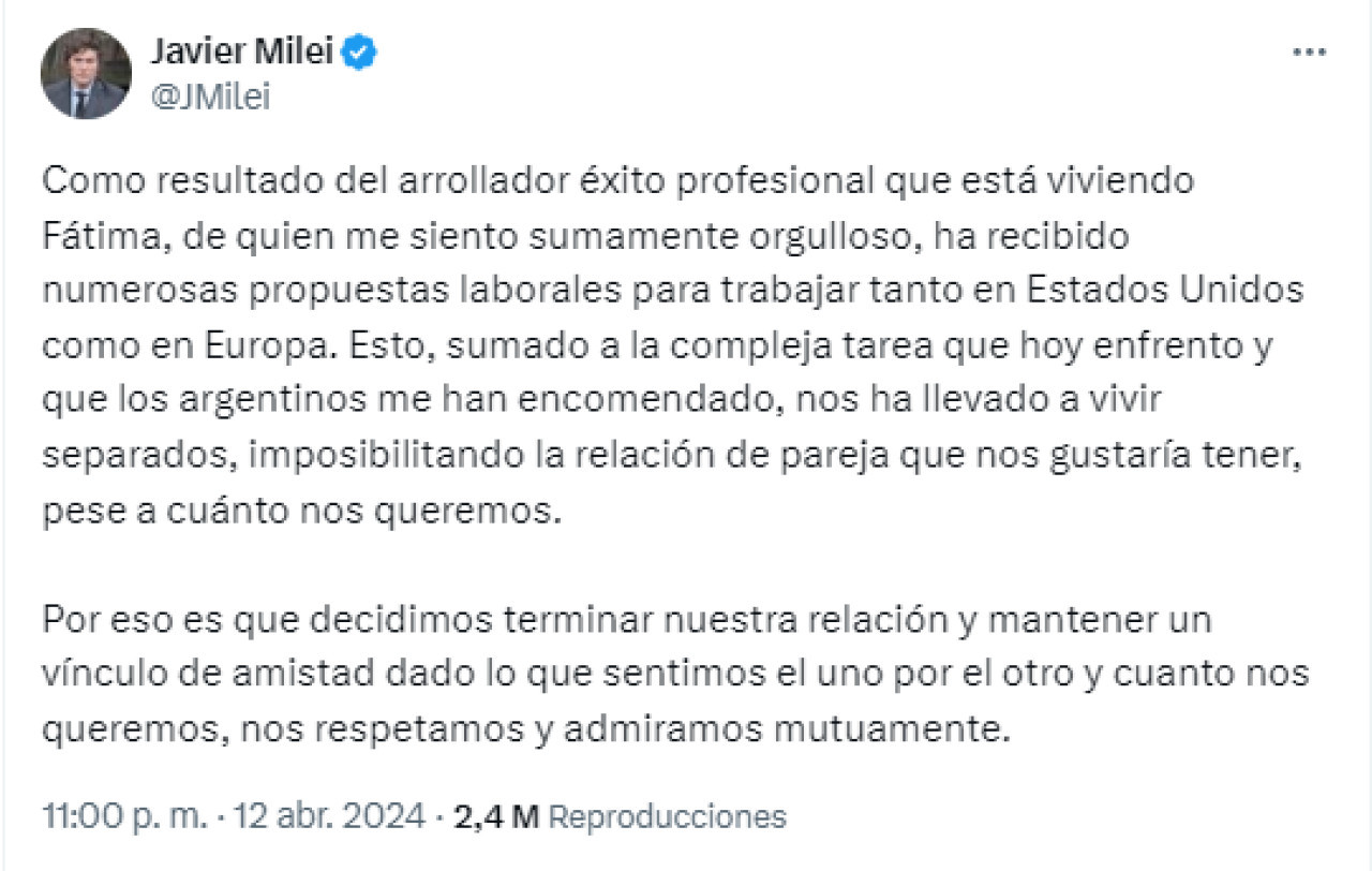 El mensaje de Javier Milei sobre su ruptura con Fátima Flórez. Foto: Twitter.